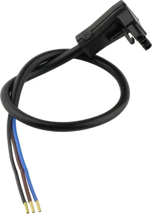 Schwarzes Kabel mit vieradrigem Stecker, drei freiliegenden Adern in Blau, Braun und Schwarz, hergestellt von Bosch. Ideal für elektrische Verbindungen.